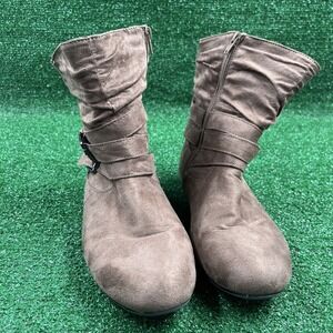 Women's Faux Suede Calf Flat Heel Side Zipper Slouch Ankle Boots Brown Size 8